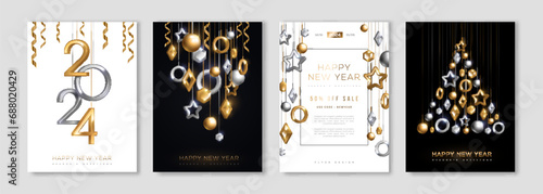 Merry Christmas and Happy New Year posters set, hanging gold silver 3d baubles, 2024 numbers. Vector illustration. Winter holiday flyer, brochure voucher template. Minimal geometric decorations