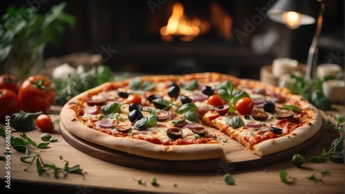 pizza with mushrooms and tomatoes background photo