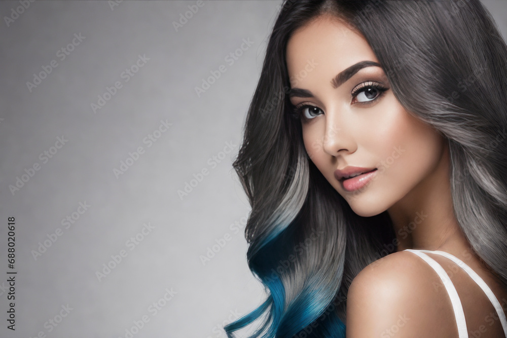 A gorgeous young girl's hair is dyed in a Ombre style, in the style of anthracite, gradient. Close Up of Hairstyle. Care and Hair Products. A gorgeous young girl's hair is dyed in a Ombre style, in the style of anthracite, gradient. Close Up of Hairstyle. Care and Hair Products.
