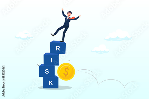 Businessman investor falling from stack block with word RISK impact by money coin, investment risk, volatility and fluctuation in stock market that price will drop, stability and uncertainty (Vector)