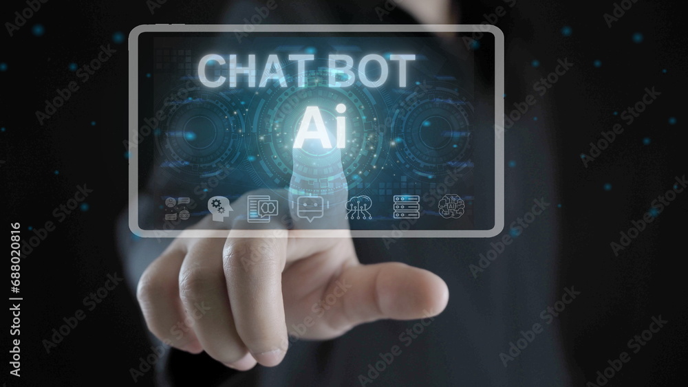 Businessman touching to index finger pressing computer key with AI word and symbol, Generative AI Businessman touching to index finger pressing computer key with AI word and symbol, Generative AI