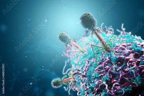 The concept of bacteriophages infecting bacteria. Microbiology, science, medicine, biology, medical and health care concepts. 3D rendering, 3D illustration, copy space.