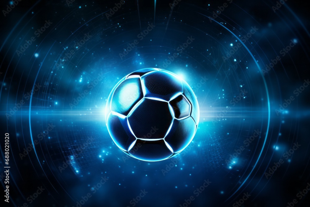 Naklejka premium Artistic glowing blue championship soccer ball or football on a blue background with copy space in a conceptual image