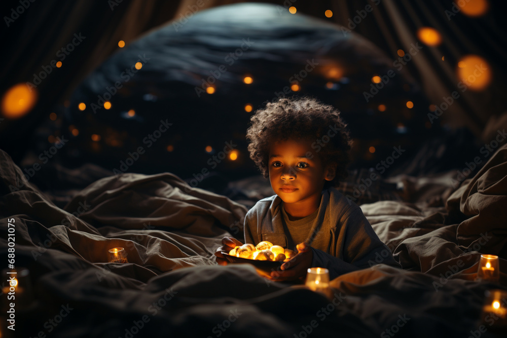 charming photo of a child creating a secret hideout with a UFO theme using bedsheets and cushions, photo, minimalistic cinematic style charming photo of a child creating a secret hideout with a UFO theme using bedsheets and cushions, photo, minimalistic cinematic style