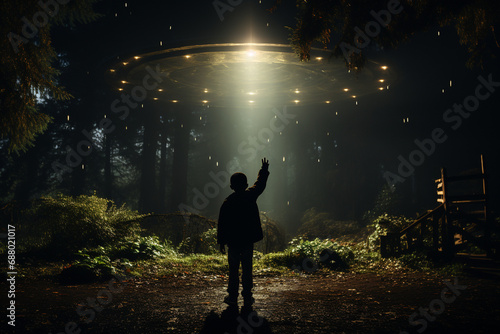 atmospheric photo showing a child using a flashlight to signal to an imaginary UFO in the darkness, photo, minimalistic cinematic style