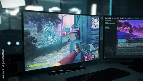 Streaming the modern shooter game on the Internet. Streaming the competitive battle royale shooter computer game. Streaming the fight against multiplayer opponents in the online shooter game. photo