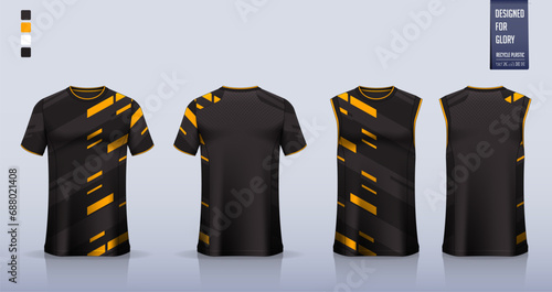 Black T-shirt sport, Soccer jersey, football kit, basketball uniform, tank top, and running singlet mockup. Fabric pattern design. 