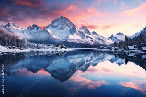 Snowy Mountains and Crystal Clear Lake at Sunrise