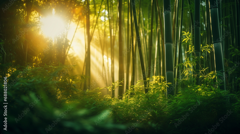 Obraz premium A lush green bamboo forest somewhere in an Asian country