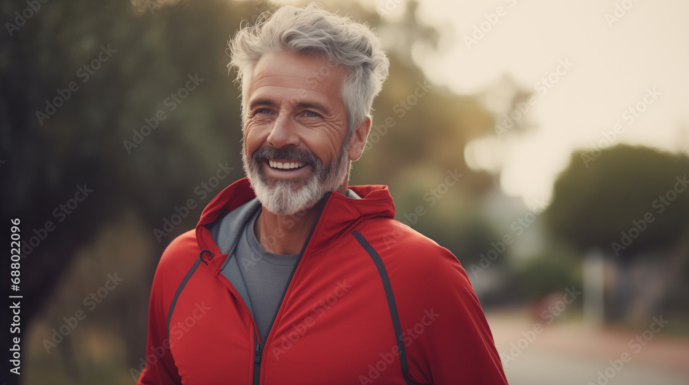 candid smiling 60 y.o. man in a sport wear jogging outdoor