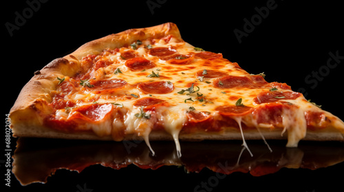 Slice of pizza isolated on black background, ai generative