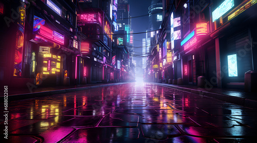 Alluring dark urban street  mysterious graffiti  neon-lit  Photo of a city street illuminated by red lights at night  Vibrant streetscapes alive with neon lights   