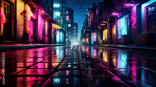 Vibrant streetscapes alive with neon lights  Vibrant streetscapes alive with neon lights  Urban Magic  Chicago Rainy Night in Neon  wet city street after rain at night time with colorful light and    