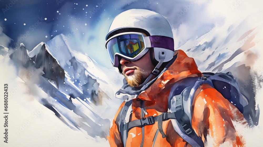 Portrait of a man in a snowboard helmet and goggles in the winter mountains, watercolor illustration Portrait of a man in a snowboard helmet and goggles in the winter mountains, watercolor illustration