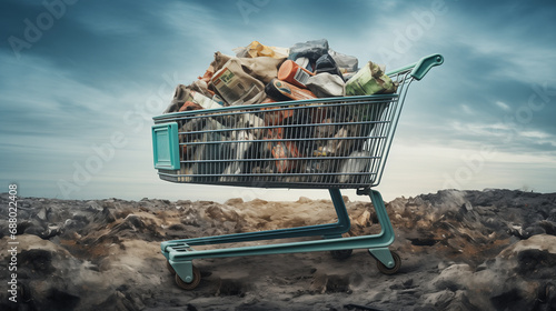 A supermarket cart overflowing with household trash, crumpled plastic bottles, torn packaging, broken bottles, and food waste photo