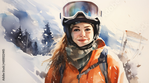 Portrait of a woman in a snowboard helmet and goggles in the winter mountains, watercolor illustration