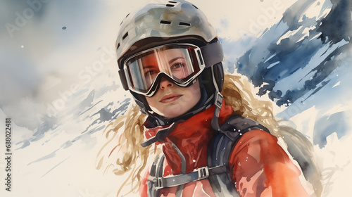 Portrait of a woman in a snowboard helmet and goggles in the winter mountains, watercolor illustration