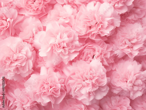  soft pink blossoming heads of carnation flowers on a pink background