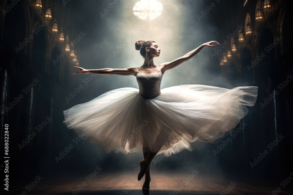 Fototapeta premium Graceful Ballerina Dancing on Stage with Dramatic Lighting