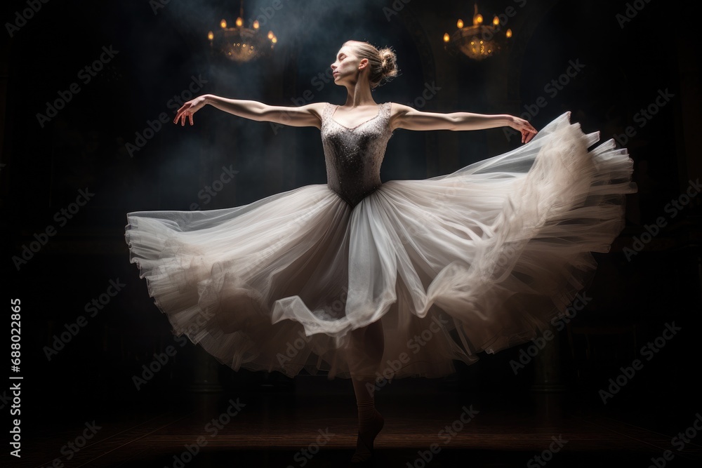 Fototapeta premium Graceful Ballerina Dancing on Stage with Dramatic Lighting