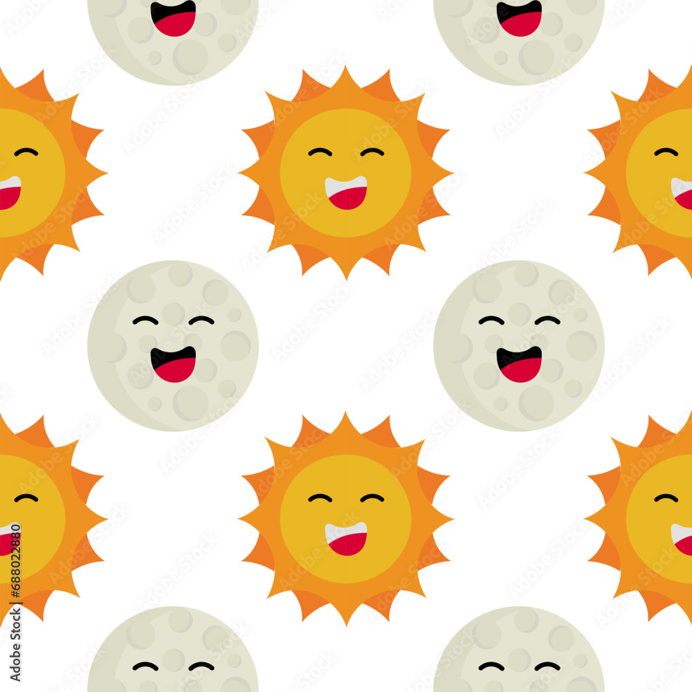 sun and moon seamless pattern with a cheerful face on white background