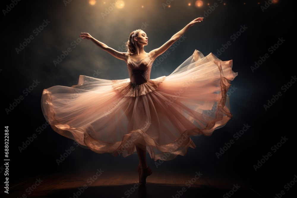 Fototapeta premium Graceful Ballerina Dancing on Stage with Dramatic Lighting