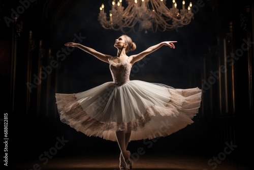 Graceful Ballerina Dancing on Stage with Dramatic Lighting