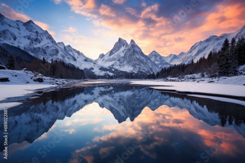 Snowy Mountains and Crystal Clear Lake at Sunrise © ChaoticMind