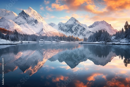 Snowy Mountains and Crystal Clear Lake at Sunrise
