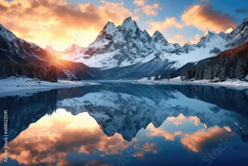 Snowy Mountains and Crystal Clear Lake at Sunrise