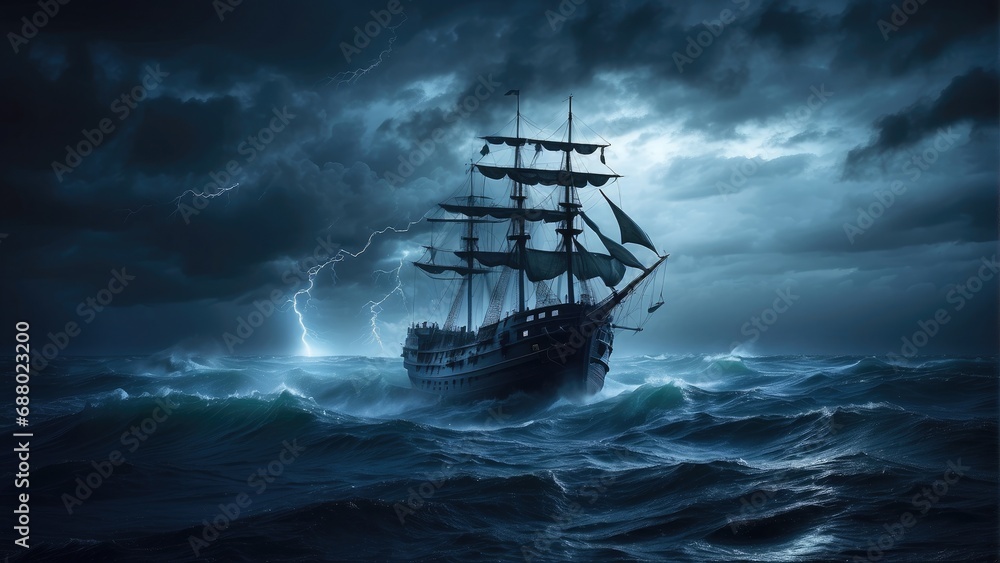 Fototapeta premium pirate ghost ship in the ocean at night in the storm