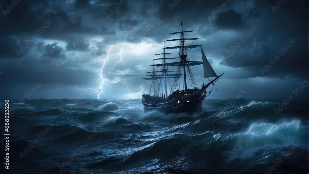 Obraz premium pirate ghost ship in the ocean at night in the storm