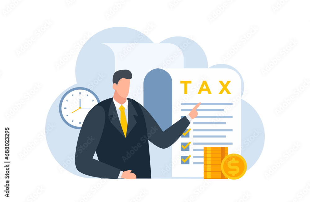 tax with businessman flat illustration blue and yellow