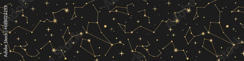 Vector magic seamless pattern with constellations and stars. Mystical esoteric background for design of fabric, packaging, phone case and your design. Vector EPS 10