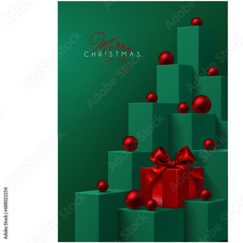 Realistic looking vector illustration with Christmas tree made of green boxes decorated with red glass ornaments and red gift box with bright bow.