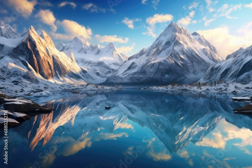 Snowy Mountains and Crystal Clear Lake at Sunrise