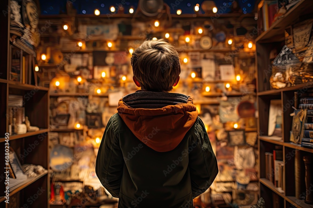 a little boy looking at a book shelf