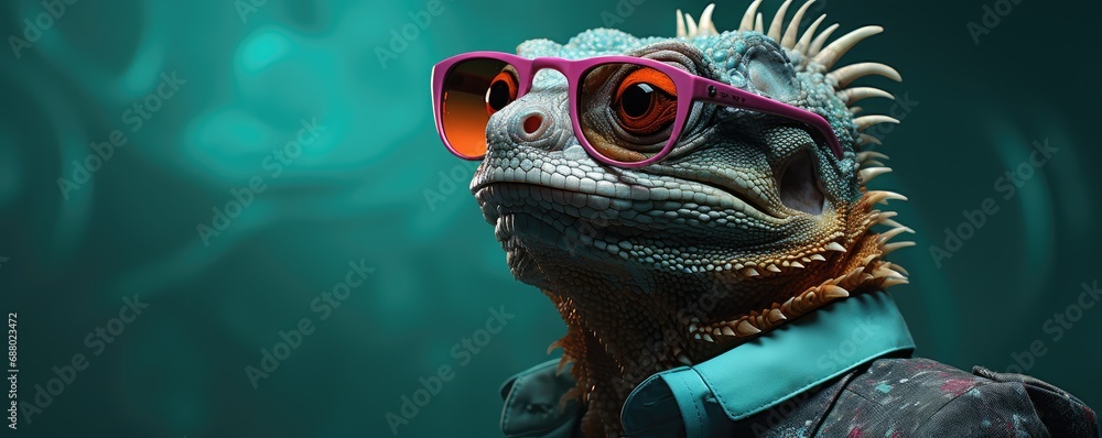 a lizard wearing sunglasses in front of a green background