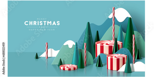 3D looking Christmas background with paper cutout mountains, cone trees, mint candies and candy canes. 