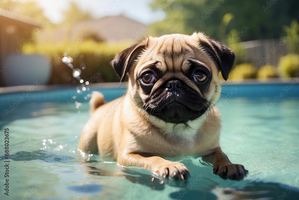 Funny pug dog swimming in a pool, macro photo, summer, fun pet