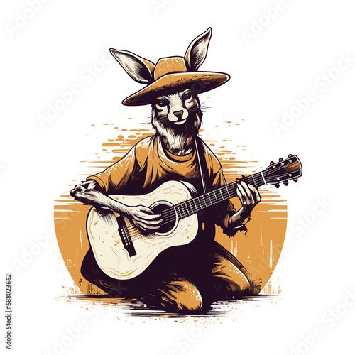 Kangaroo with guitar illustration, t-shirt design, isolated on transparent background.
