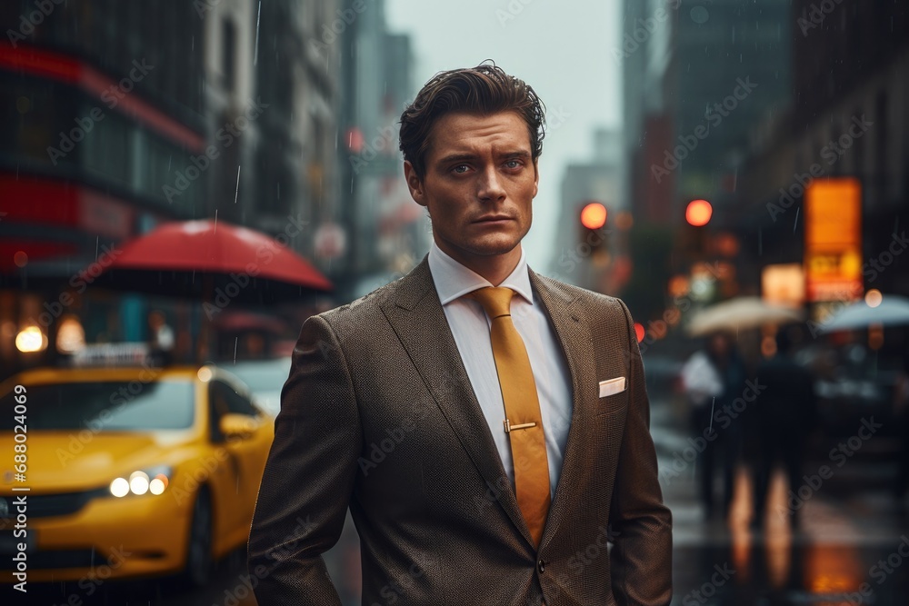 Businessman wearing Suit in Rainy City Businessman wearing Suit in Rainy City