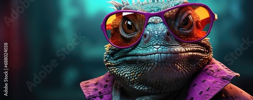 a colorful lizard is shown wearing glasses and has fun sunglasses © Photo And Art Panda