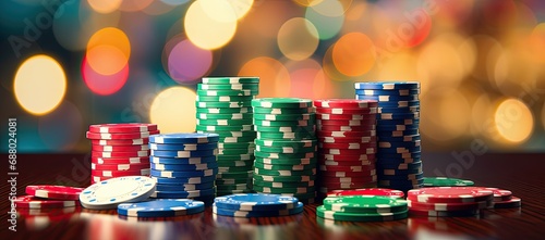 a colorful poker chips and stacks next to bokeh background
