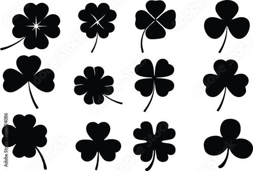 Set of multiple style three and four leaf clovers in editable vector. Clover as symbol of st. Patrick, faith, hope, love, and luck. Poster, banner idea for media and web. Easy to change color or size. photo