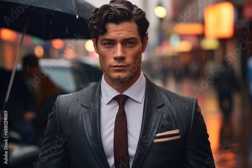 Businessman wearing Suit in Rainy City