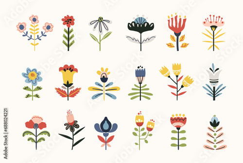 Folk flowers clip arts vector set in Scandinavian and Nordic style, hygge florals isolated designs on white. Collection of classic ethnic elements. Funny scandi folkloric botanical motifs