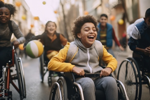 Children in Wheelchairs Enjoying a Game of Ball photo