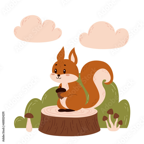 Vector cute hand-drawn poster with squirrel