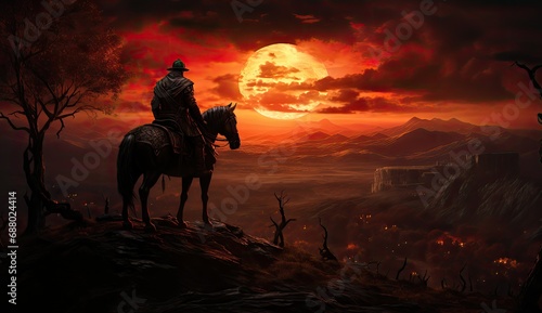 Fantasy horse rider on a hill at sunset with magical canyon in the wild west. 